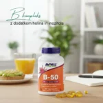 NOW B kompleks 50 kapsule vsebuje vseh 8 vitaminov B ter holin in inozitol.