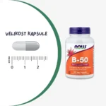 NOW B kompleks 50 kapsule vsebuje vseh 8 vitaminov B ter holin in inozitol.