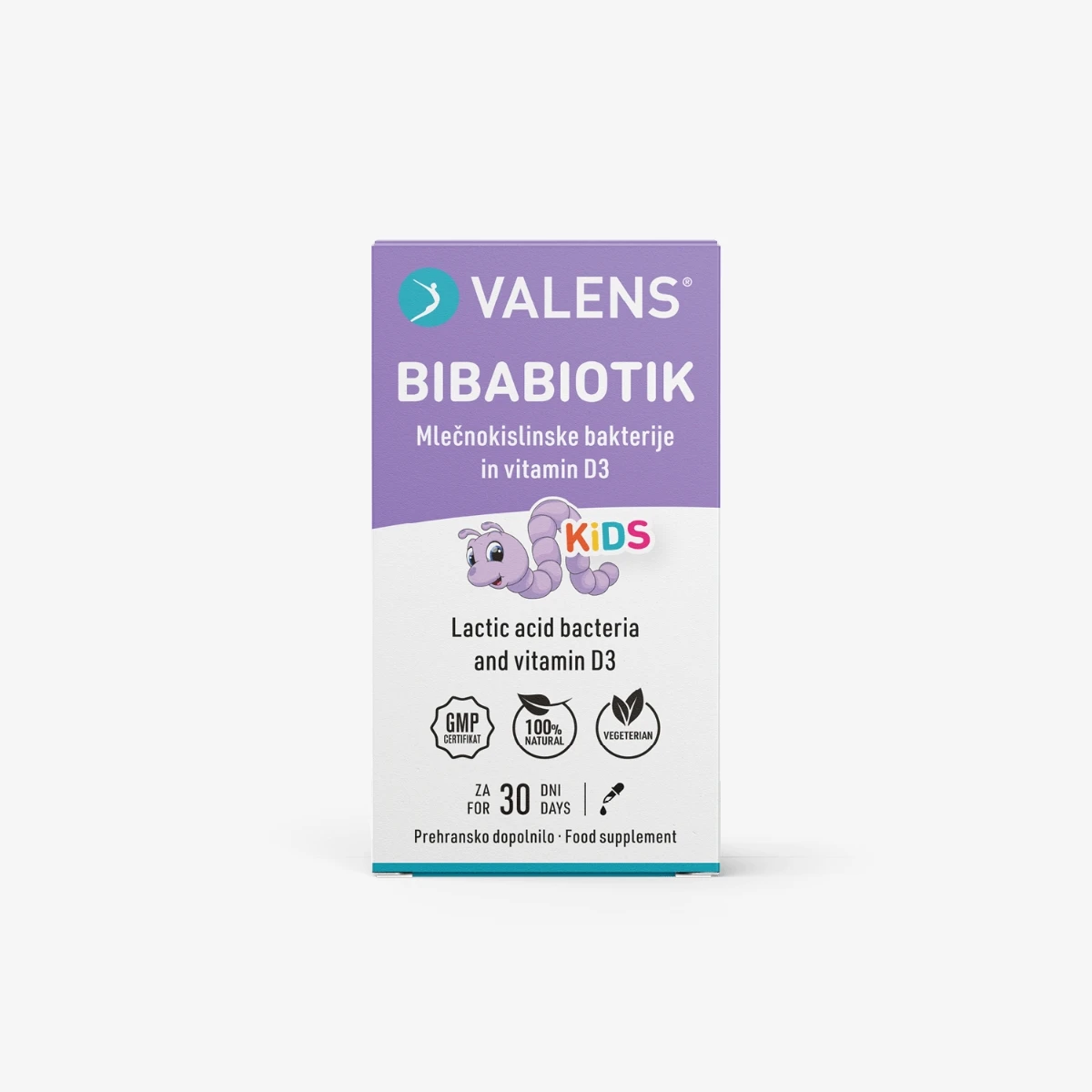 Valens Bibabiotik je naravno prehransko dopolnilo v obliki kapljic z blagodejnimi bakterijami in vitaminom D za dojenčke in otroke.