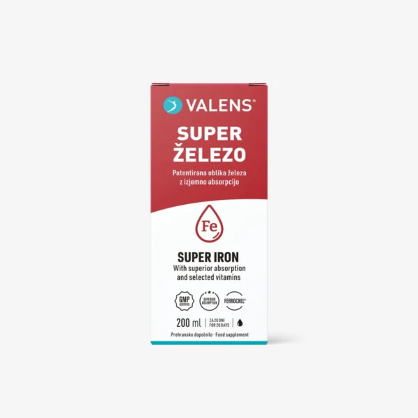 Valens Super železo, kombinacija folne kisline, tiamina ter vitaminov B6 in B12.