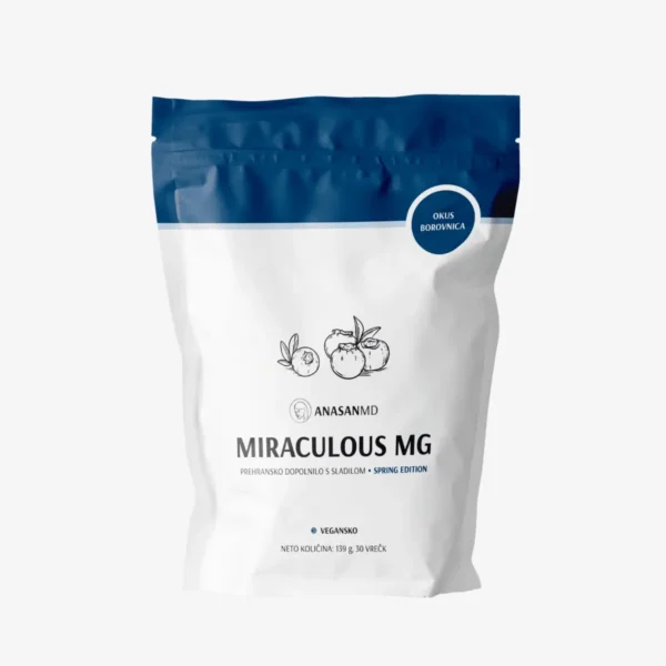 Magnezij Miraculous MG Anasan MD SPRING EDITION prehransko dopolnilo z manganom in osvežujočim okusom borovnice. Vsebuje 6 virov magnezija v organski ...