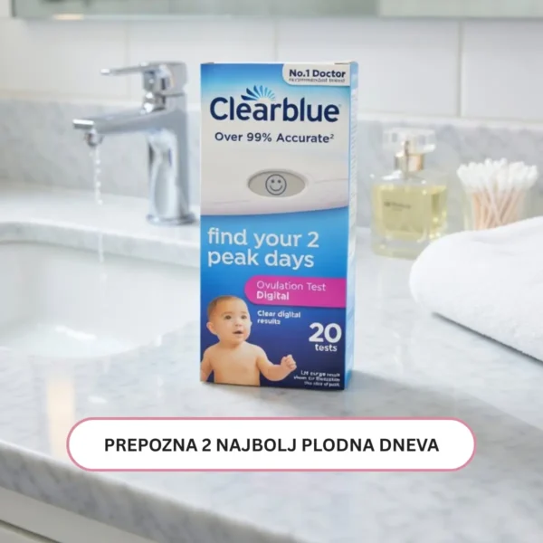Clearblue digitalni ovulacijski test bo zaznal tvoja 2 najbolj plodna dneva. Je enostaven za uporabo in pokaže jasne rezultate z 99% natančnostjo.