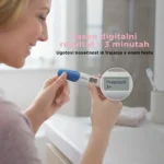 Clearblue test nosečnosti z indikatorjem tednov digitalno zazna nosečniški hormon hCG in prikaže tudi trajanje nosečnosti (1–2, 2–3 ali 3+ tedne).