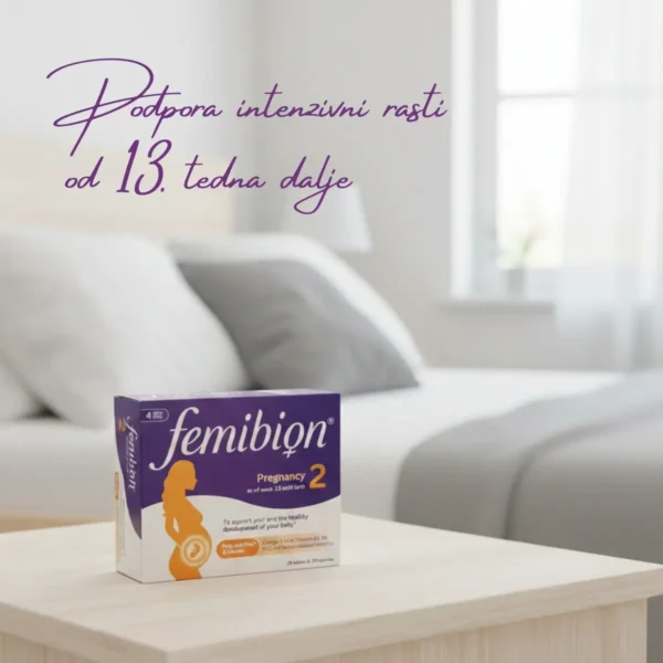 Femibion 2 za nosečnost od 13. tedna vsebuje folate (Metafolin®) in 200 mg DHK, ki pomaga pri normalnem razvoju možganov in oči pri plodu.
