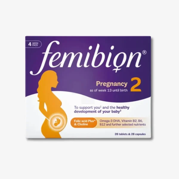 Femibion 2 za nosečnost od 13. tedna vsebuje folate (Metafolin®) in 200 mg DHK, ki pomaga pri normalnem razvoju možganov in oči pri plodu.