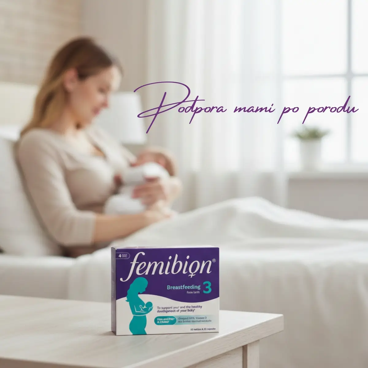 Femibion 3 – Dojenje z 200 mg DHK, folati, železom in kalcijem. DHK prispeva k razvoju možganov in oči pri dojenčku, železo pa k zmanjševanju utrujenosti.