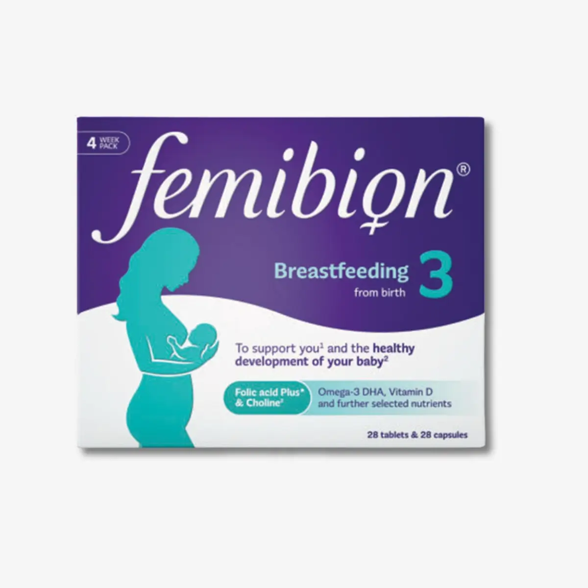 Femibion 3 – Dojenje z 200 mg DHK, folati, železom in kalcijem. DHK prispeva k razvoju možganov in oči pri dojenčku, železo pa k zmanjševanju utrujenosti.