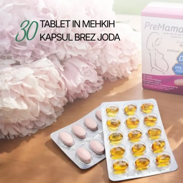 Prehransko dopolnilo PreMama Duo, ki omogoča pokrivanje povečanih potreb ženskega telesa po vitaminih, mineralih in DHK pred zanositvijo, med nosečnostjo..