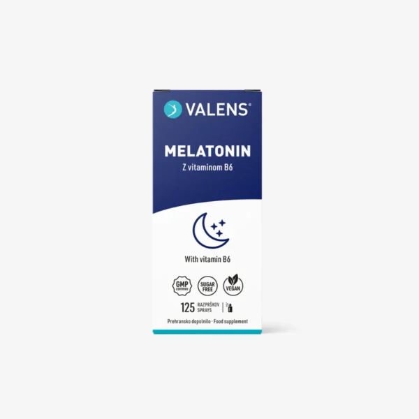 Prehransko dopolnilo Valens s vitaminom B6 in melatoninom, telesu lastnem hormonu, za boljšo regulacijo spanja in budnosti.