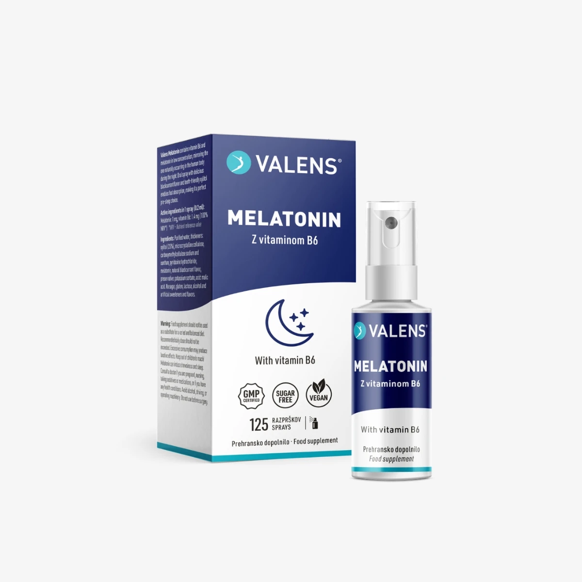 Prehransko dopolnilo Valens s vitaminom B6 in melatoninom, telesu lastnem hormonu, za boljšo regulacijo spanja in budnosti.