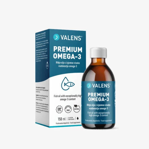 Valens Premium Omega-3 ribje olje z naravno aromo limone in izredno visokim odmerkom omega-3.
