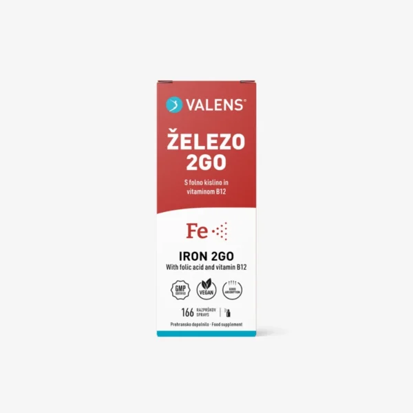 Valens železo 2Go prehransko dopolnilo v priročnem ustnem pršilu za učinkovito podporo energiji, imunskemu sistemu in nastajanju krvi.